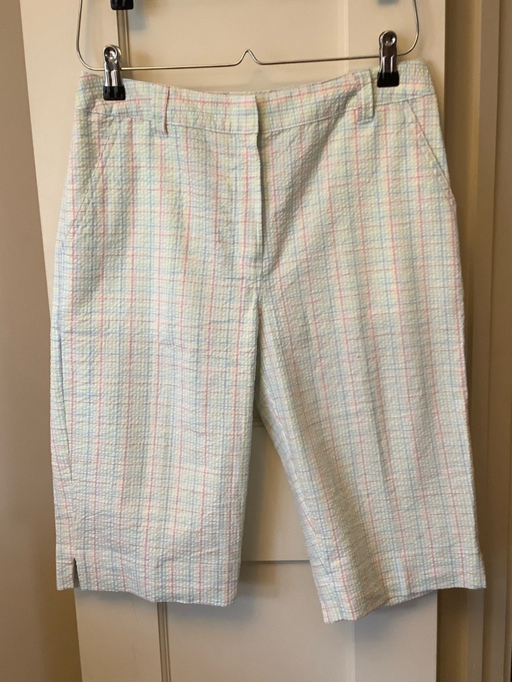 Kim Rogers Pastel Plaid Bermuda Shorts in Mint, Pink & Blue
